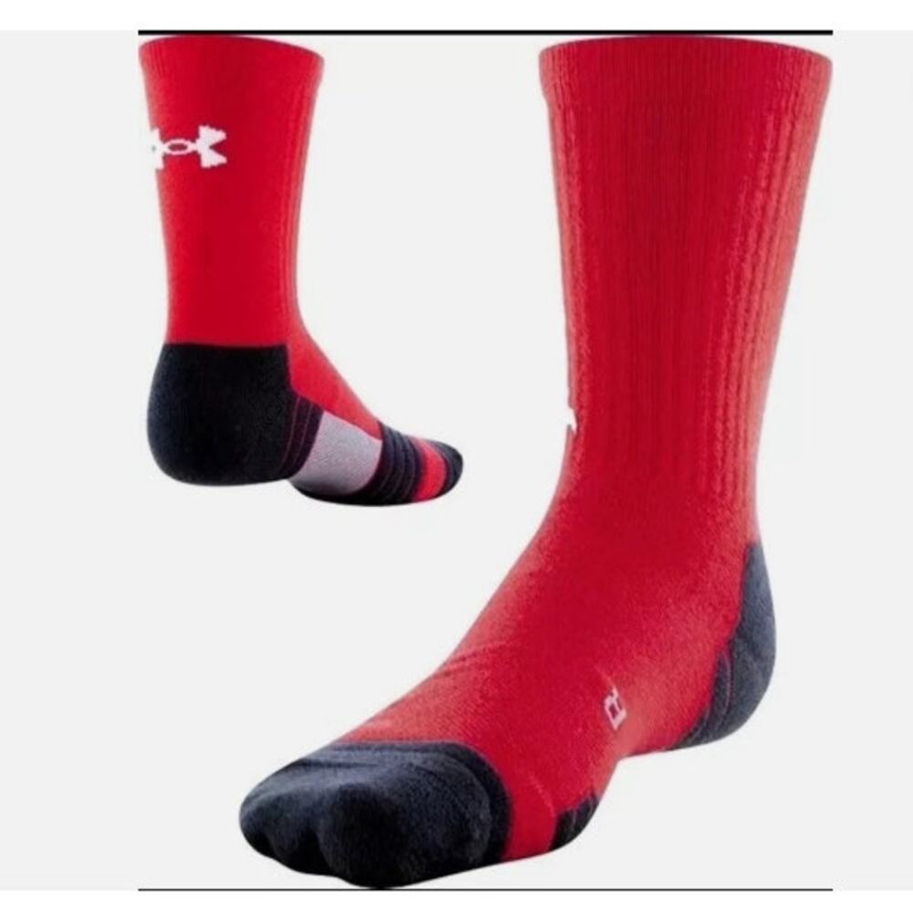 New NWT‎ Lot Of 2 UA Under Armour Teams Cushioned Crew Socks Black Red 8.5-13